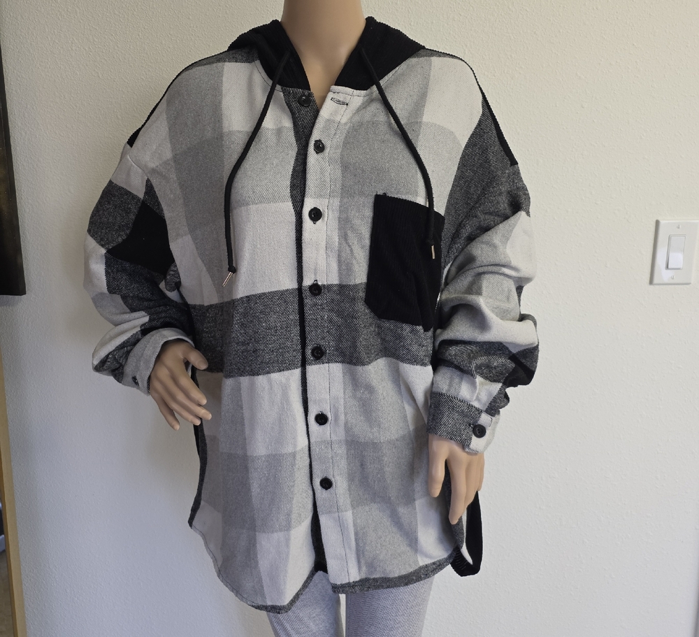 Shein Mens Checkered Plaid Button Up Flannel Hoodie